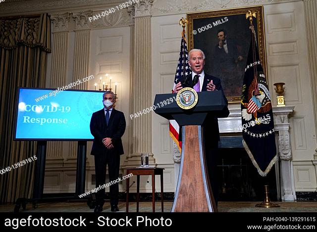 United States President Joe Biden delivers remarks on the fight to contain the COVID-19 pandemic in the State Dining Room of the White House, Tuesday