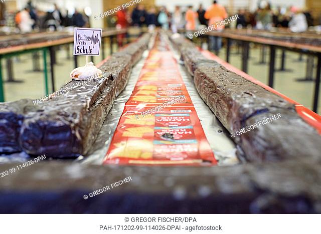 A giant ""hedgehog slice"" measuring 734, 8 metres and weighing 2034 kg in a gymnasium during an attempt at a world record in Berlin, Germany, 02 December 2017