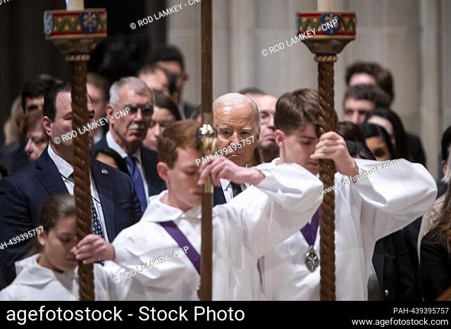 United States President Joe Biden watches the processional during the funeral service for retired Associate Justice of the Supreme Court Sandra Day O'Connor at...