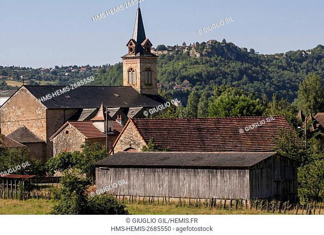 France, Lot, Capdenac Gare bell tower churche and behin Capdenac le Haut listed as Plus Beaux Villages de France (Most Beautiful Villages of France)