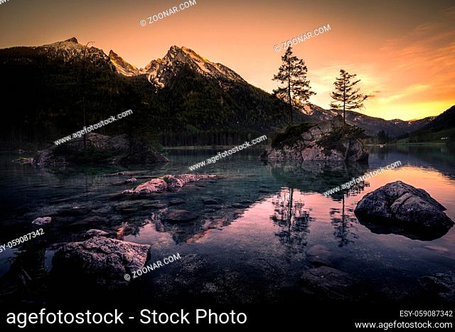 Wonderful Sunset at Hintersee Lake in Bavarian Alps. Awesome Alpine Highlands during sunrise