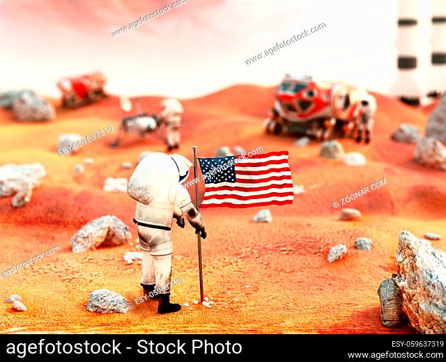Fictitious scene including vehicles and astronauts depicts manned Mars mission