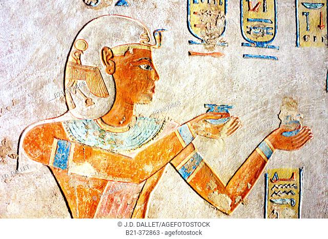 Decoration detail: tomb of prince Khaemwaset, son of Ramses III, in the Queens Valley, Luxor West Bank, Egypt