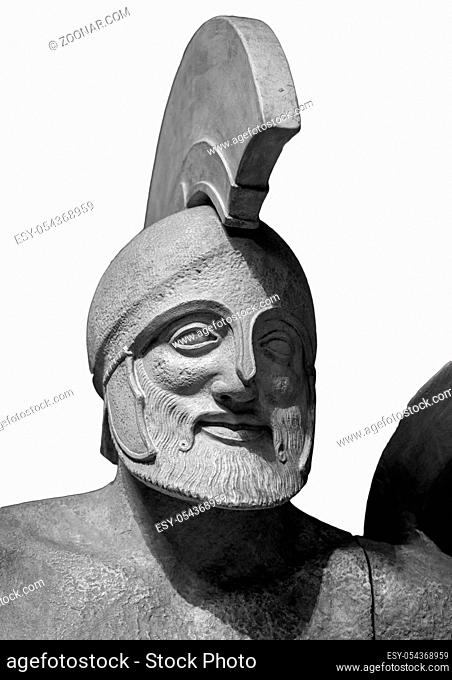 Head in helmet Greek ancient sculpture of warrior. Isolated on white background