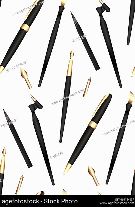 Seamless pattern with realistic 3D pens, pencils and feathers for writing. Stationery on white background. Vector texture for wallpapers