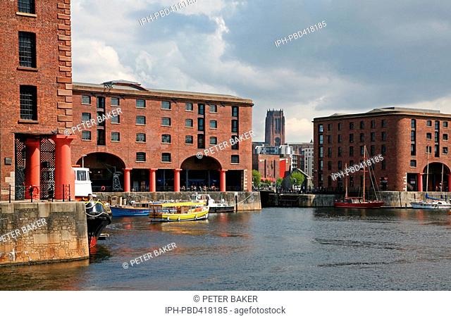 View of he Albert Dock showing the Anglican Cathedral in the city of Liverpool