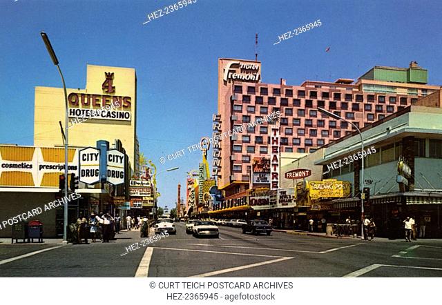 Fremont Street, Las Vegas, Nevada, USA, 1968. Vintage postcard showing a view of Fremont Street. The signs and marquees of the city's establishments are visible...
