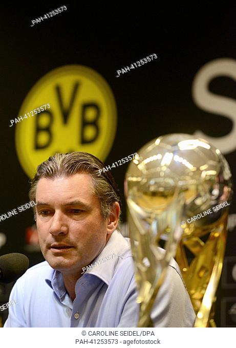 Dortmund's sports director Michael Zorc speaks at a press conference on the DFL-Supercup in Dortmund, Germany, 24 July 2013