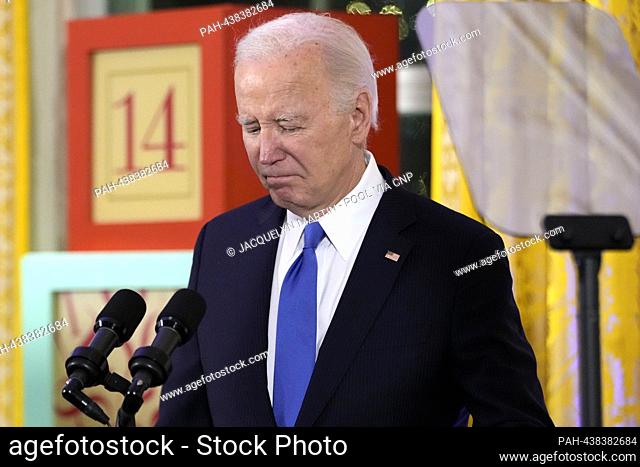 United States President Joe Biden pauses as he speaks at a Hanukkah reception in the East Room of the White House in Washington, Monday, Dec. 11, 2023