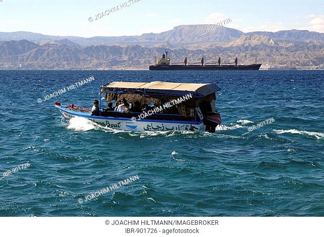 Glass-bottomed boat near Aqaba in the Red Sea, Jordan, the Middle East, Asia