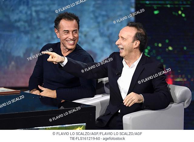 Director Matteo Garrone, the actor and director Roberto Benigni during the tv show Che tempo che fa, Milan, ITALY-15-12-2019