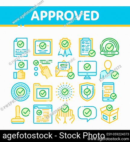 Approved Collection Elements Vector Icons Set Thin Line. Approved Sings On Document File And Hands, Computer Monitor And Smartphone Display Concept Linear...