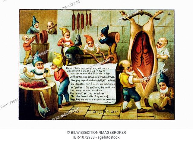Historical illustration, Heinzelmaennchen, little house gnomes from Cologne, Image 4 of 9, Der Kuefer, The Cellarman, 19th Century legend