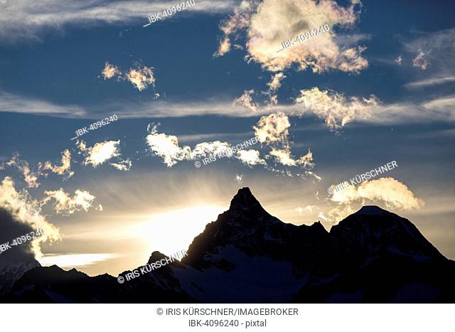 Sunset behind Ober Gabelhorn and Wellenkuppe, from the Berghaus Fluhalp, Zermatt, Canton of Valais, Switzerland
