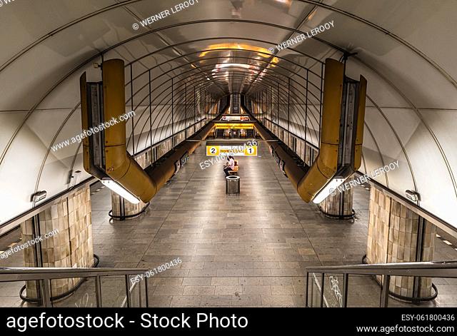 Prague - Czech Republic Stairs, platform and tunnel of the Mustek metro station