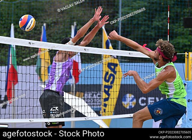 L-R Momme Lorenz (CZE) and Jiri Sedlak (CZE) in action during the Brno Beach Pro 2023 tournament, part of the Beach Pro Tour world series, Futures category