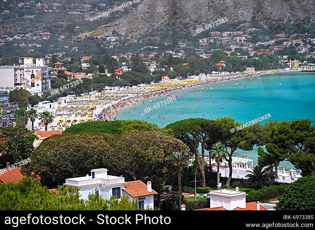View from Monte Pellegrino to the beach and village of Mondello, Sicily, Italy, Europe