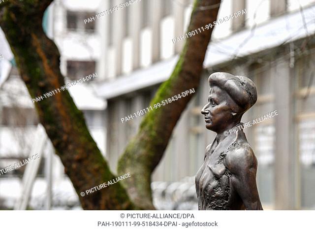 10 January 2019, Berlin: A Rosa Luxemburg statue by sculptor Rolf Biebl on Franz-Mehring-Platz in front of the publishing and editorial building of the...