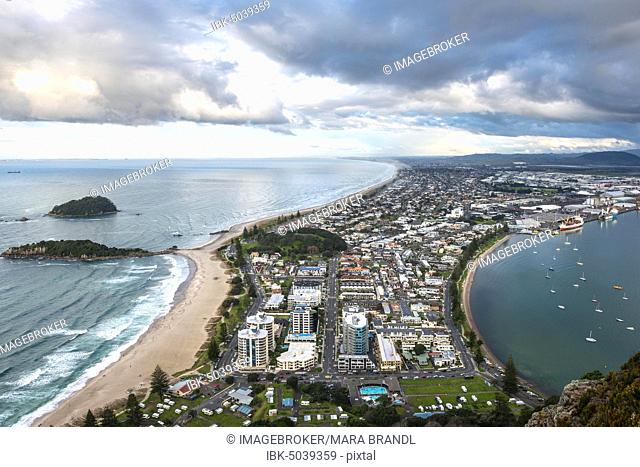 Panoramic view of Mount Manganui district and Tauranga harbour, view from Mount Maunganui, Bay of Plenty, North Island, New Zealand, Oceania