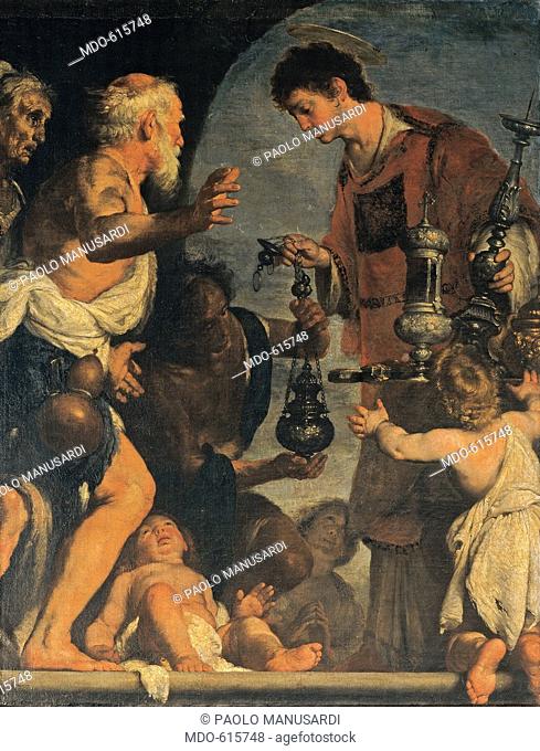 St Lawrence Handing Alms, by Strozzi Bernardo, 1638 - 1640, 17th Century, oil on canvas. Italy, Veneto, Venice, San Nicola da Tolentino Church. All
