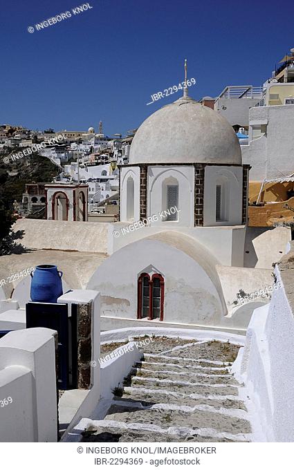 Steps, stairs, church, white dome, Oia, Santorini, Greece, Europe, PublicGround