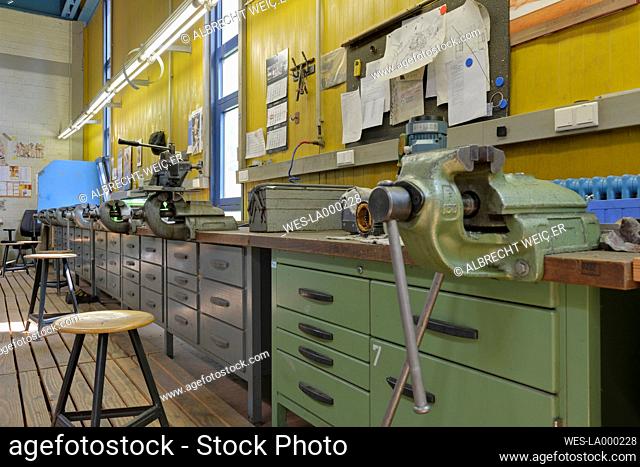 Germany, Baden-Wurttemberg, Water treatment plant, view of empty workshop