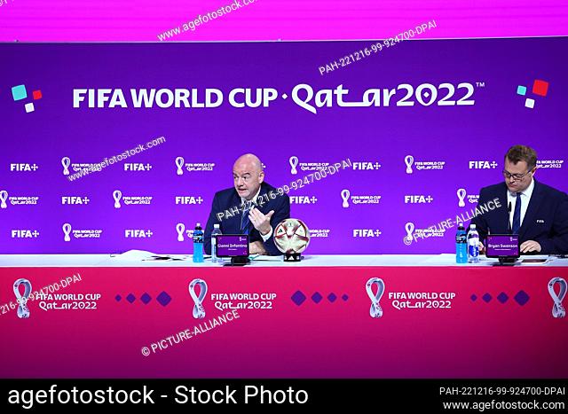 16 December 2022, Qatar, Doha: Soccer, 2022 World Cup in Qatar, FIFA Council meeting, press conference, FIFA President Gianni Infantino (l) speaks at a PK