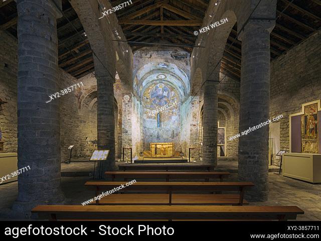 Interior of Romanesque church of Sant Climent, consecrated in 1123. Taüll, Lleida Province, Catalonia, Spain. The Catalan Romanesque Churches of the Vall de Boí