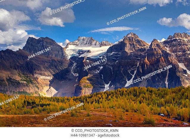 mountain landscape with larch trees in autumn in British Columbia