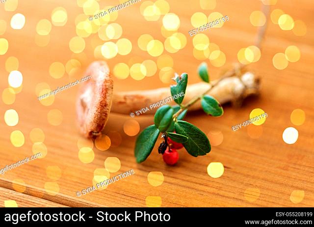 cowberry and lactarius rufus mushroom on wood