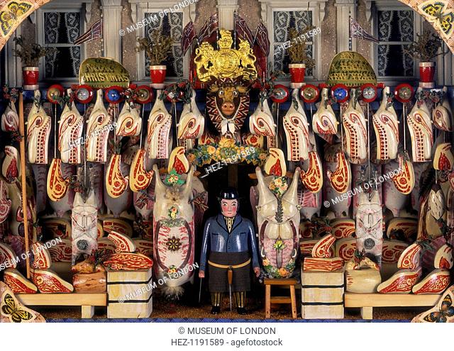 Model of a butcher's shop, c1880s. A butcher stands in the centre of his shop, surrounded by cuts of meat and hanging carcasses