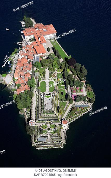 Aerial view of Isola Bella in Lake Maggiore, Borromean Islands, Stresa, Piedmont, Italy