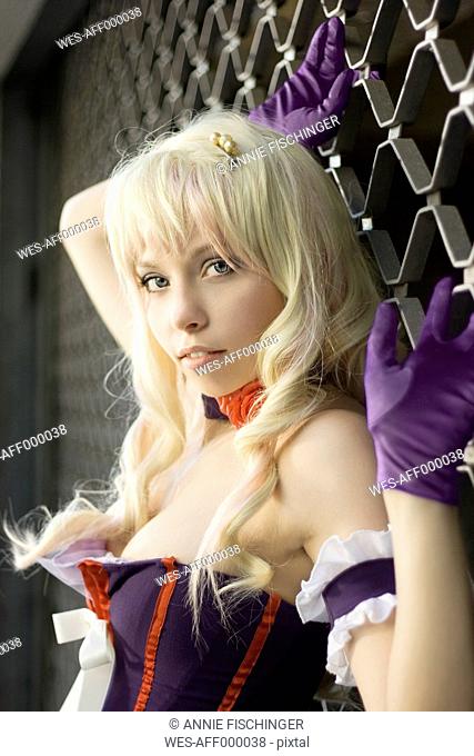 Portrait of female cosplayer wearing corsage