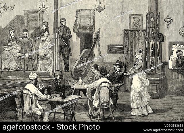 A cafe chantant in Ismailia, Pakistan. Old engraving illustration Prince of Wales Albert Edward tour of India. El Mundo en la Mano 1878