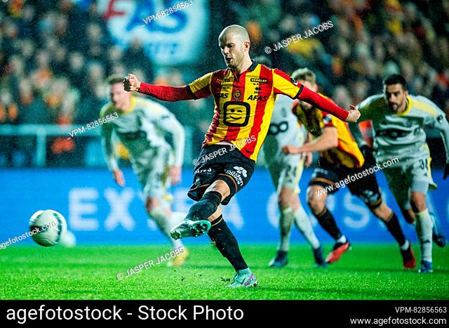 Mechelen's Geoffry Hairemans scores from penalty during a soccer match between KV Mechelen and Standard de Liege Wednesday 20 December 2023 in Mechelen