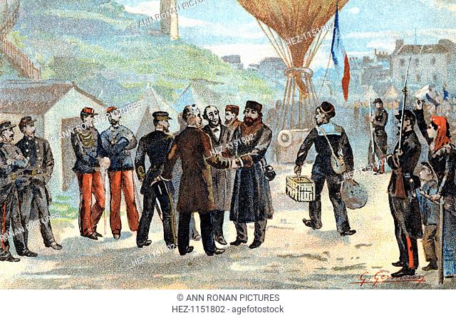 Leon Gambetta (1838-82), French Republican politician (in hat, centre) about to escape besieged Paris for Tours by balloon, 7 October 1870