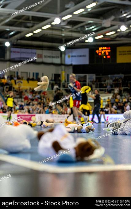 22 October 2023, Bavaria, Coburg: The playing surface of the HUK-Coburg Arena is full of cuddly toys, with more flying through the air