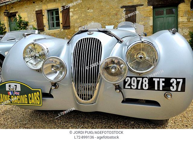 Austin-Healey vintage cars, Marqueyssac gardens. Dordogne, Perigord, Aquitaine, France
