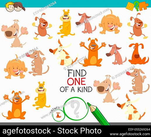 Cartoon Illustration of Find One of a Kind Picture Educational Activity Game with Happy Dogs and Puppies Characters