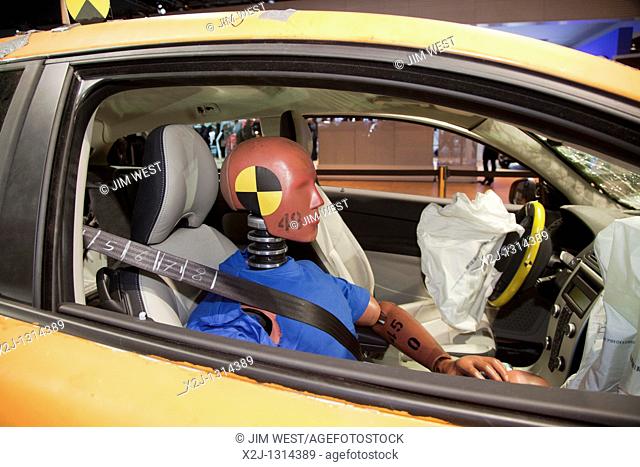 Detroit, Michigan - A crash-test dummy in a Volvo C30 electric car on display at the North American International Auto Show