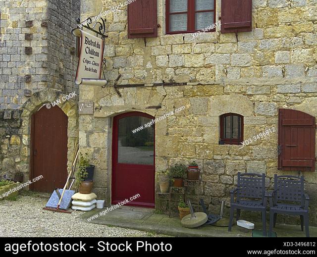 Bistrot du Chateau in interior of medieval fortified village of Larressingle, Gers Department, Nouvelle Aquitaine, France