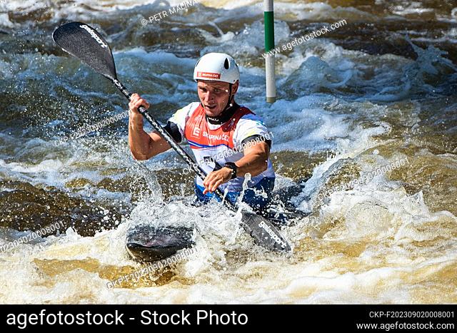 Czech Vit Prindis in action during the Czech Championship, 2023 ICF Wildwater Canoeing World Cup Lipno, on August 26, 2023, in Lipno, Czech Republic