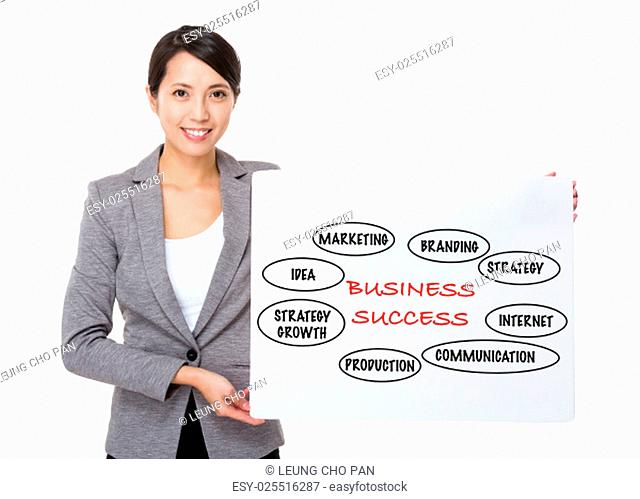 Businesswoman holding a banner presenting business success concept