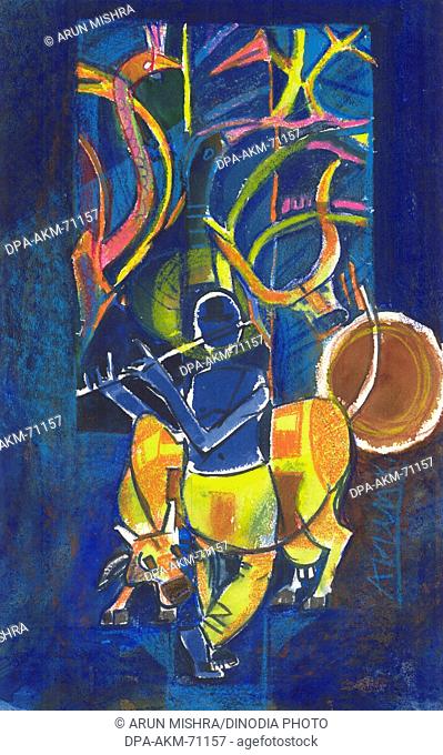 Acrylic color on paper lord krishna , Artist: Arun K. Mishra