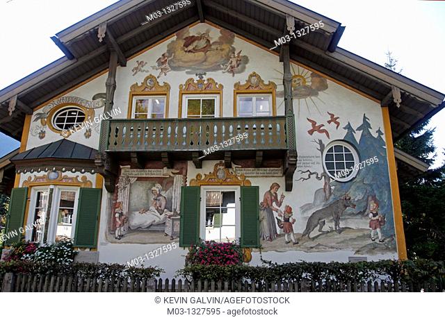 Germany Bavaria Oberammergau Painted building facade with windows and shutters luftmaileri Red Ridinghood House