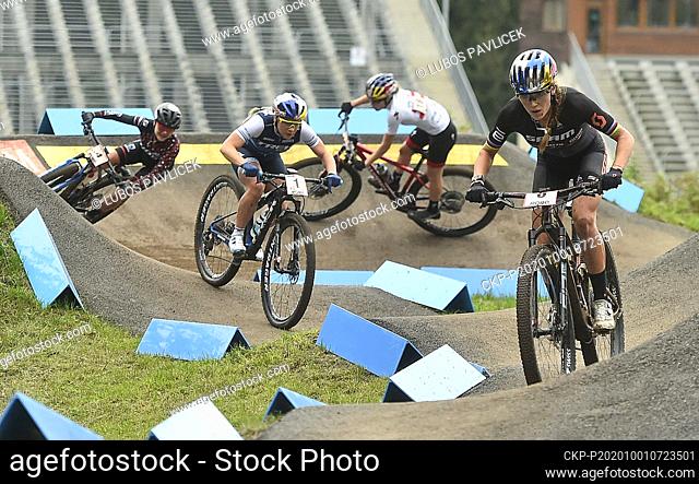 (L-R) Sina Frei of Switzerland, Evie Richards of Britain, Laura Stigger of Austria and Kate Courtney of USA compete during the Elite category of the women's...