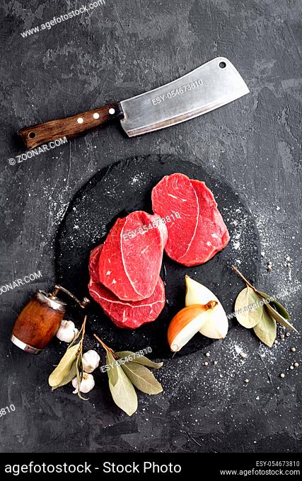Raw meat, beef steaks
