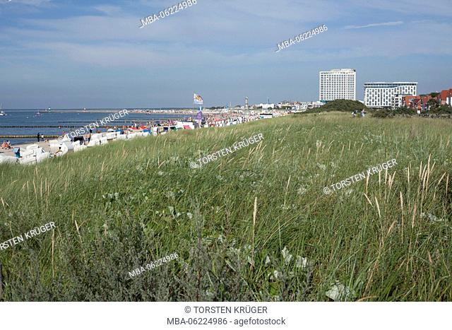 Rostock-Warnemünde, Skyline, beach with beach chairs, sand dunes and hotels