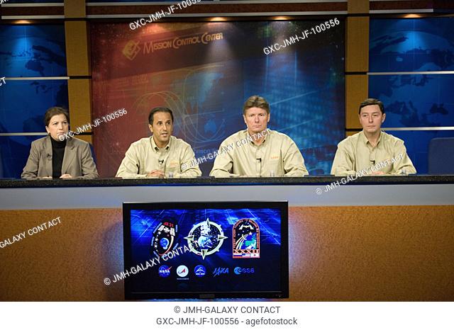 Expedition 3132 crew members participate in a preflight press conference at NASA's Johnson Space Center. Pictured are Russian cosmonaut Gennady Padalka (second...