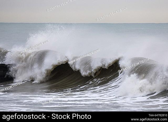 RUSSIA, SOCHI - NOVEMBER 13, 2023: Waves smash against the coast during a storm on the Black Sea, in the Adler neighbourhood. Dmitry Feoktistov/TASS
